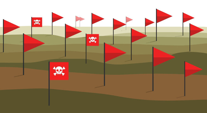 Red flags are planted on a brown and green landscape with various symbols.