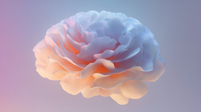 Floral brain with soft pastel petals and calm light halo emotional wellbeing concept minimal modern illustration