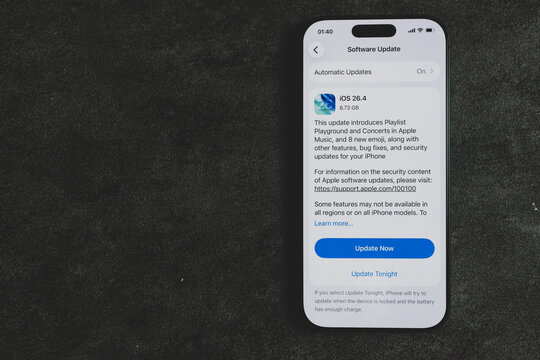 Bangkok, Thailand - March 27, 2026 : Software Update screen on smartphone shows iOS 26.4 upgrade on Apple iPhone 17.