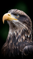 Obraz premium Close-up portrait of a majestic eagle with a powerful yellow beak and intense gaze, showcasing intricate feather details against a dark background for nature and wildlife photography.