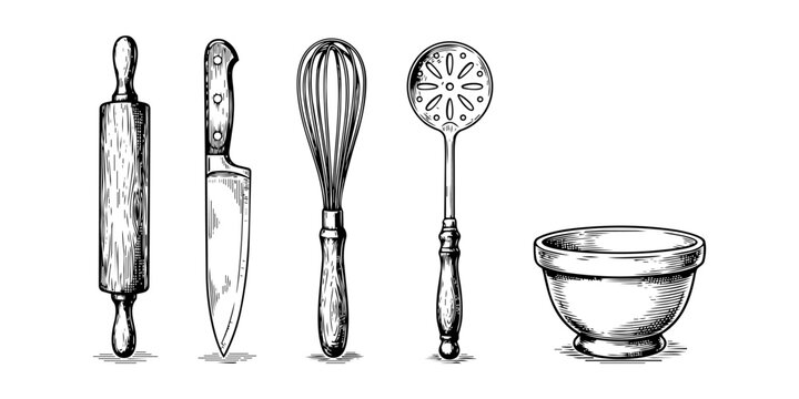 Vintage engraving style kitchen utensils set, hand drawn line art illustration of classic cooking tools isolated on white background