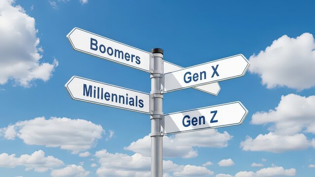 generations concept Generational signpost with boomers, gen x, millennials, and gen z labels against a blue sky