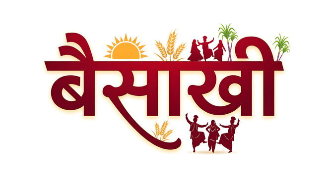 Baisakhi Festival Hindi Typography with Punjabi Cultural Elements and celebration background.
