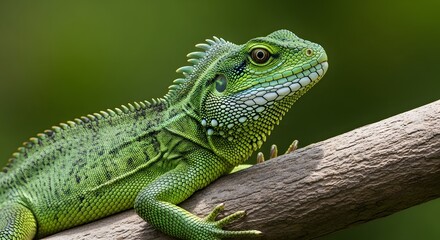 Obraz premium Vibrant green lizard with intricate scales rests gracefully on a rustic tree branch, showcasing its striking emerald color and watchful gaze in a lush natural environment