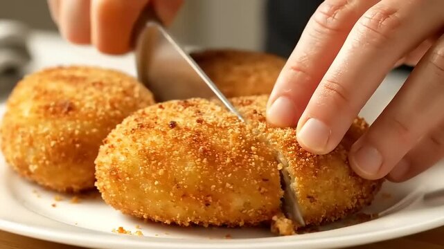 Cutting a croquette with knife.