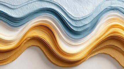 Obraz premium Layered paper strips create abstract flowing waves in shades of blue gold and cream