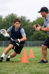 Fototapeta premium Boy Cutting Around Cone In Lacrosse Drill With Coach