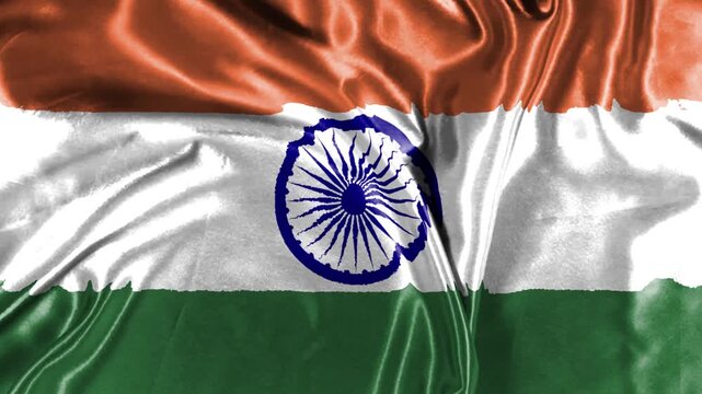 Waving Indian Flag Silk Tricolor With Ashoka Chakra On Textured Satin Fabric Background