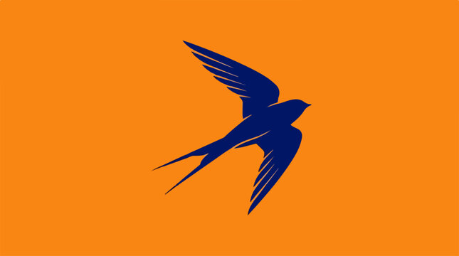 Elegant blue swallow bird soaring against a vibrant orange background.