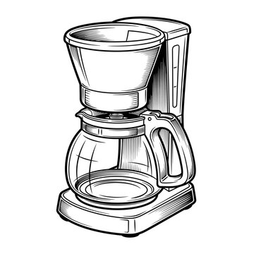 Drip coffee maker with glass carafe, black and white sketch illustration