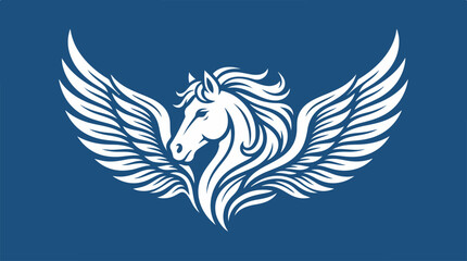 Obraz premium Elegant white Pegasus logo design on a deep blue background, artistic illustration.