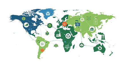 Naklejka premium Global Sustainability Network: World Map with Connected Environmental, Industrial & Renewable Energy Icons. Illustrates interconnected systems and resource flow.