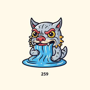 A cartoon creature with a stern expression and yellow eyes spews a blue waterfall. Its in a puddle of water with '259' below