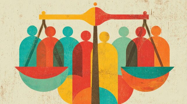 Abstract illustration of scales balancing diverse figures representing equality