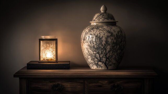 Elegant decorative jar and lit lantern on wooden tabletop in warm light