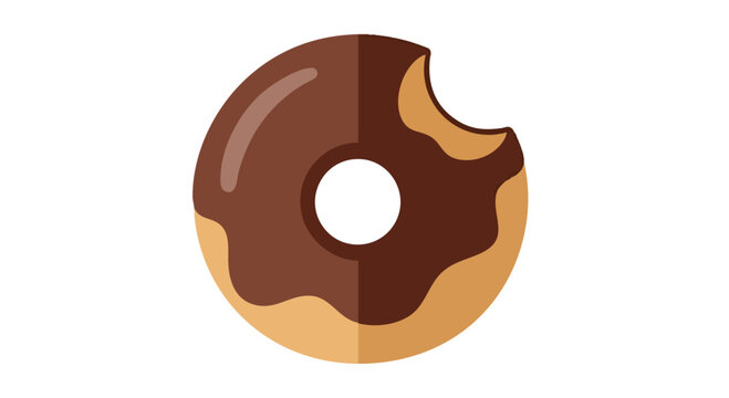 A cartoon donut with a chocolate glaze and a bite taken out, set on a white background. It has a hole in the middle