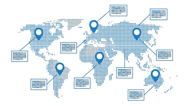 Dynamic Global Network Visualization Illustrating Worldwide Business Connectivity, Data Exchange, and Strategic Location Intelligence