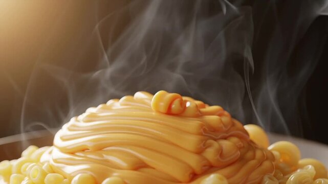 A video showcasing a delicious and creamy macaroni and cheese dish being prepared in a kitchen with a rich, golden sauce pouring over the top.