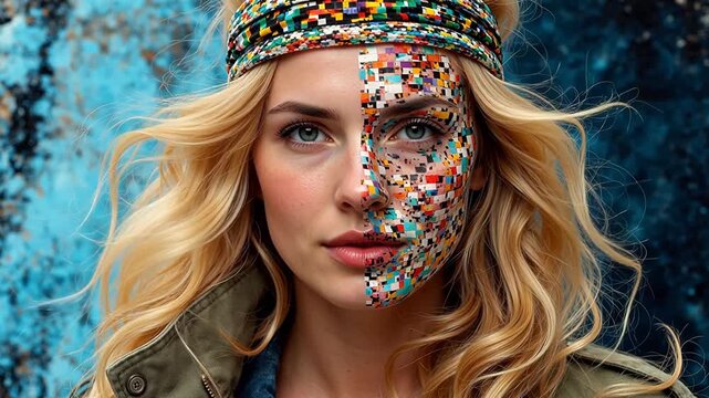 Woman with half face pixelated