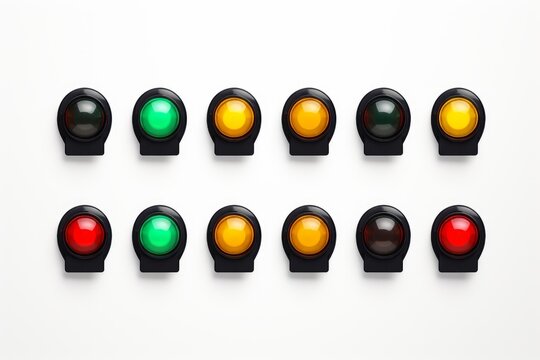 Array of traffic light lamps displaying various colors against a white background