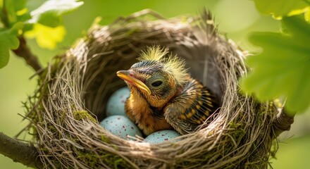 Fototapeta premium Tiny bird chick nestled with pale blue eggs in a cozy twig nest