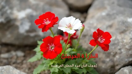 Obraz premium red and white flowers growing among rocks