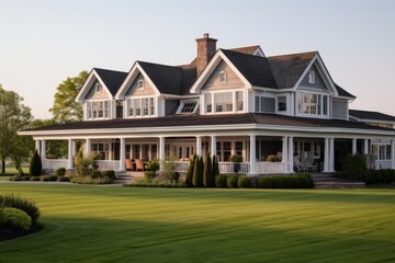 Fototapeta premium Residential house with a large lush green lawn and spacious outdoor living areas