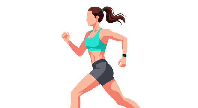 Woman in teal sports bra and gray shorts running with ponytail and fitness tracker on her wrist.