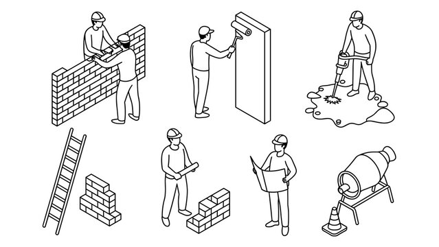 Isometric Construction Workers Line Art Set &ndash; Builders Laying Bricks, Painting Walls and Drilling Activities
