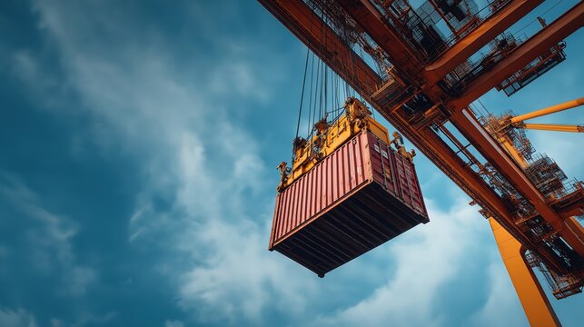 Low angle view of massive port gantry crane arm lifting yellow shipping container against clear blue sky