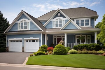 Fototapeta premium Modern residential house featuring a two car garage and manicured front yard