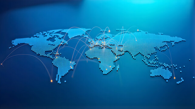 Dynamic Digital World Map with Illuminated Global Network Connections, Symbolizing International Data Transfer, Modern Business Communication, and Technological Advancement Across Continents