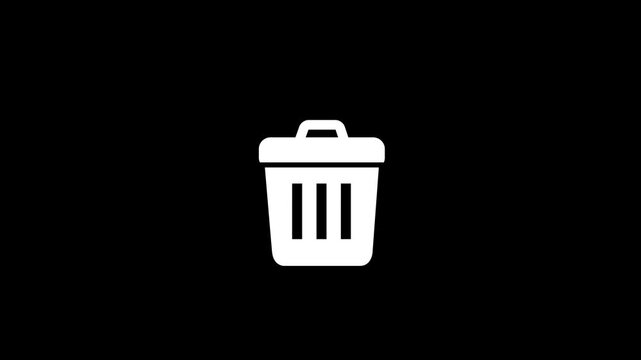 Minimalist white trash can animation on solid black background representing digital file deletion and data removal.