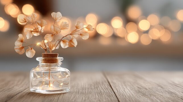 Decorative glass jar with delicate floral arrangement and glowing lights
