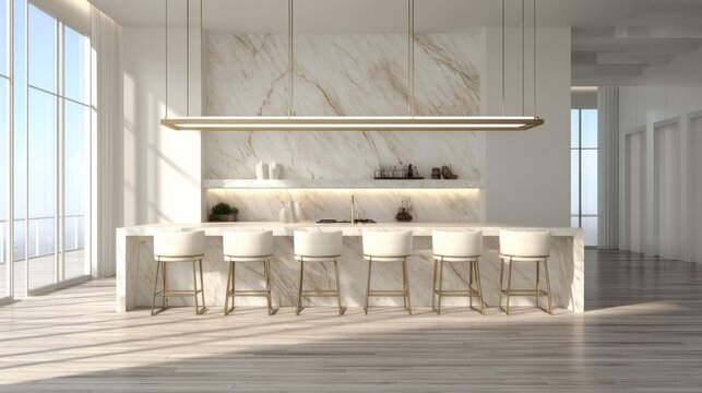 Modern kitchen interior design with bright natural light and bar stools