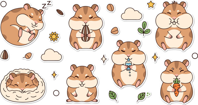Cute kawaii hamster sticker set featuring adorable rodents eating seeds sleeping drinking and holding carrots in flat vector style.