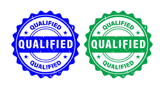 Blue Green Qualified Seal Stamp in Round Shape with Distressed Effect. qualified stamp, qualified word, blue stamp, green stamp