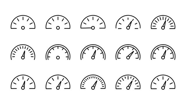 Collection of various analog speedometer dials in different styles and readings for vehicle gauges Vector