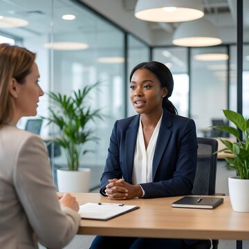 Two professional women having a business meeting or job interview in a modern glass office.