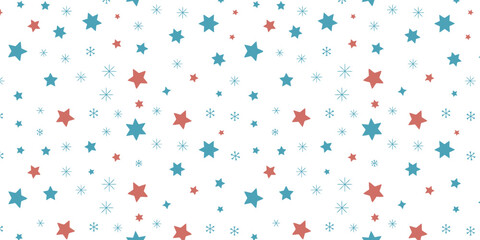 Obraz premium Colorful pattern of blue and red stars and snowflakes on white background