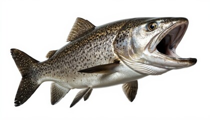 Naklejka premium The fish is a large trout with an open mouth. This trout displays distinct speckles along its body, highlighting its natural features.
