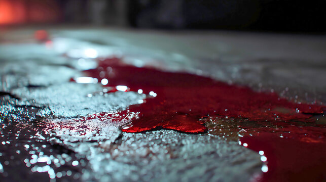 Close-up of a fresh pool of blood reflecting light on a dark textured concrete floor, cinematic lighting, crime scene and forensic thriller concept.