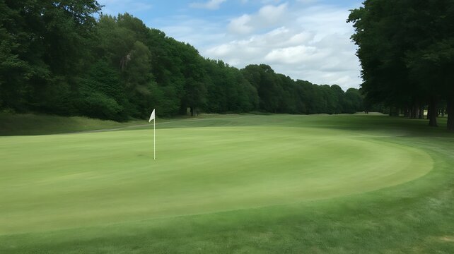 Golf course, green fairway, flagstick, trees, sunny landscape