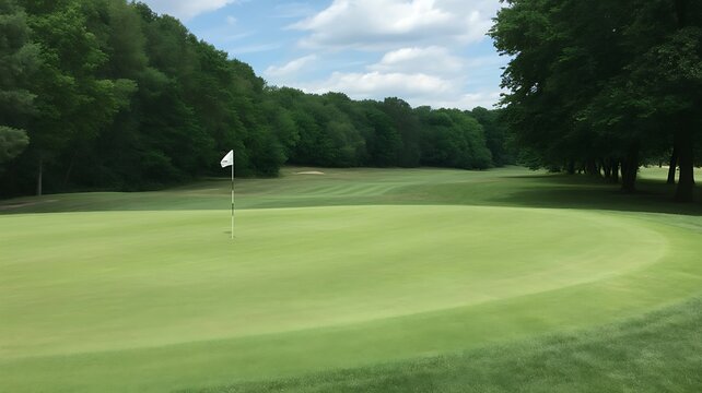 Golf course, green fairway, flagstick, trees, landscape