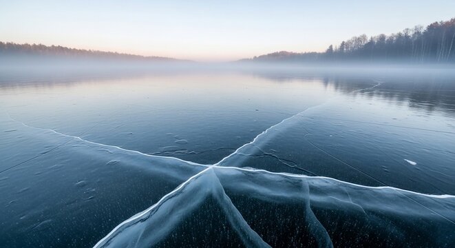 Frozen Lake with Ice Formations at Dawn.