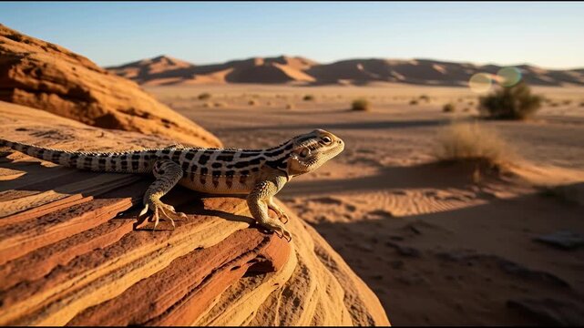 Desert lizard on rock formation under sunlight in arid landscape