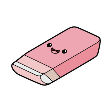 A cheerful pink cartoon eraser with a smiley face on a white background, symbolizing fun and education in a playful and friendly manner.