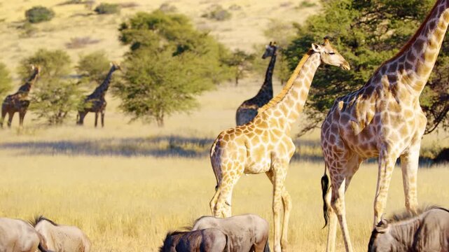 A herd of blue wildebeests passing in front of Long african giraffes.