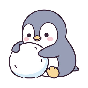 Cute cartoon penguin hugging a snowball with rosy cheeks and a sweet expression on a white background