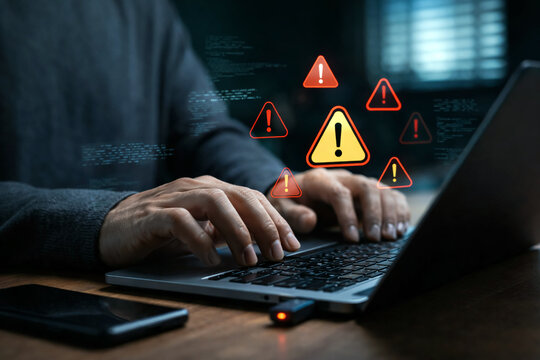 Cybersecurity threat and digital warning concept. Laptop keyboard with multiple red triangle exclamation alerts symbolizing hacking, data breaches, and system vulnerabilities.